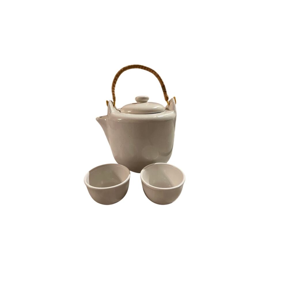 Ceramic White Teapot With Two Cups Short Spout Bamboo Handle